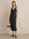 Reiss Navy Ruched Sleeveless Midi Dress With Linen In Black