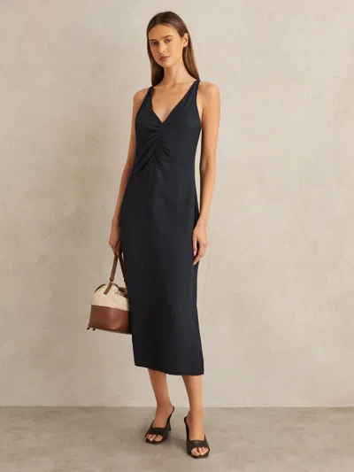 Reiss Navy Ruched Sleeveless Midi Dress With Linen In Black