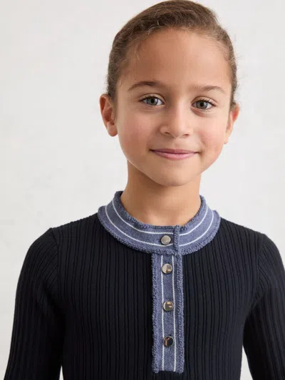 Reiss Navy Rudy 9-13 Yrs Contrast-trim Rib-knit Skater Dress In Blue