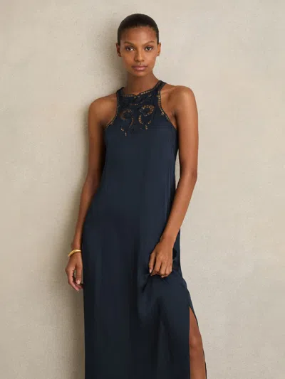 Reiss Navy Satin Cut-out Slip Dress In Blue