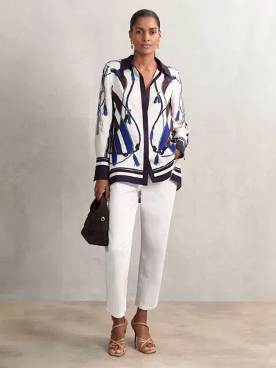 Reiss Navy Scarf Print Colourblock Shirt In White