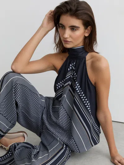 Reiss Navy Scarf-print Tie-neck Sleeveless Top In Multi