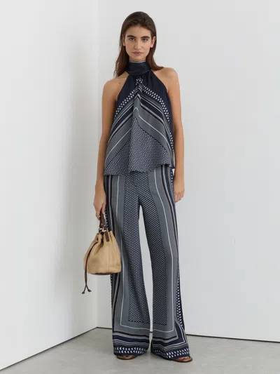 Reiss Navy Scarf-print Wide-leg Trousers In Multi