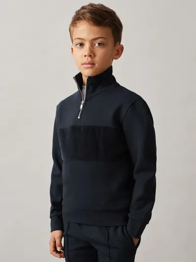 REISS NAVY SELIN 3-9 YRS SLIM FIT HALF-ZIP FUNNEL NECK VELOUR SWEATSHIRT
