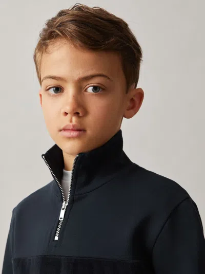 Reiss Navy Selin 9-13 Yrs Premium Interlock Panel Zip Sweatshirt In Blue