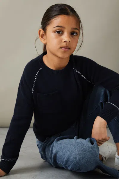 Reiss Navy 9-13 Yrs Contrast Stitch Wool Blend Crew Neck Jumper