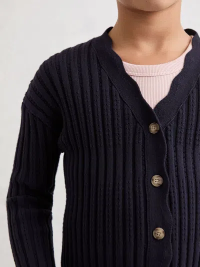 Reiss Navy Seren 9-13 Yrs Rib-knit Pointelle Cardigan In Blue