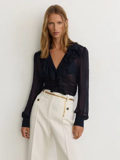 Reiss Navy Sheer Ruched Ruffle V-neck Blouse In Blue