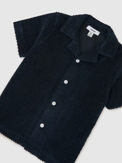 Reiss Babies'  Navy Shore 13-14 Yrs Towelling Cuban-collar Shirt In Blue