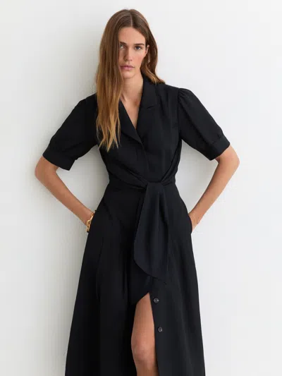 Reiss Navy Short-sleeve Belted Midi Dress With Linen In Blue