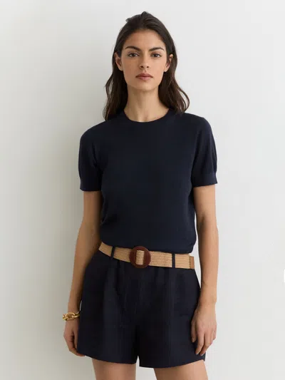 Reiss Navy Short-sleeve Knitted Top With Linen In Blue