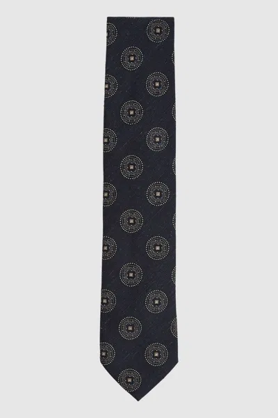 Reiss Navy Silk Blend Tie With Medallion Pattern