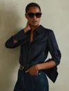 Reiss Navy Silk Double-cuff Button-through Shirt In Blue
