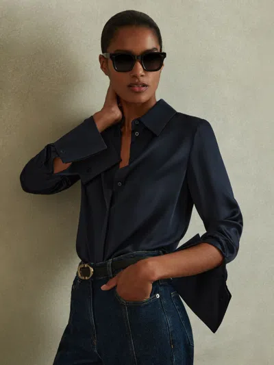Reiss Navy Silk Double-cuff Button-through Shirt In Blue
