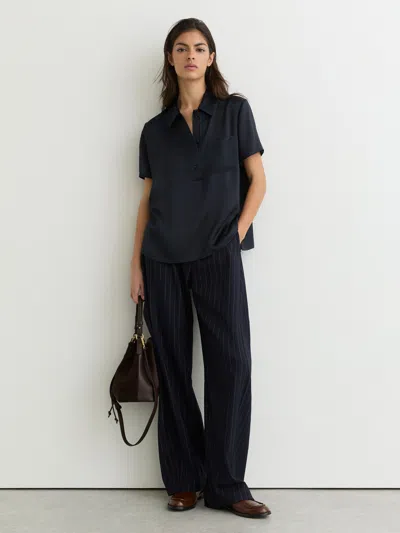 Reiss Navy Silk Half-button Short-sleeve Shirt In Black