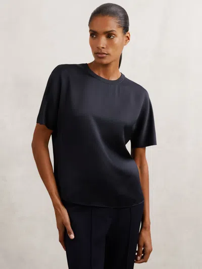 Reiss Navy Silk Short-sleeve Top In Blue