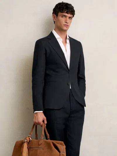 Reiss Navy Single-breasted Linen Suit Blazer Slim Fit In Blue
