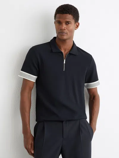 Reiss Navy Sleeve-trim Half-zip Polo Shirts In Blue