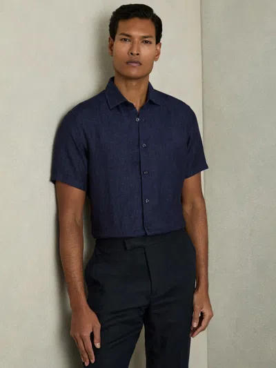 Reiss Navy Slim Fit Linen Button-through Shirt In Blue