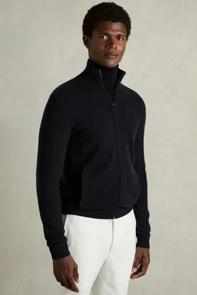 Reiss Navy Splint Wool-cashmere Zip-through Funnel-neck Cardigan