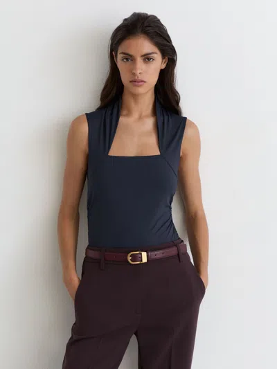 Reiss Navy Square-neck Ruched Sleeveless Top