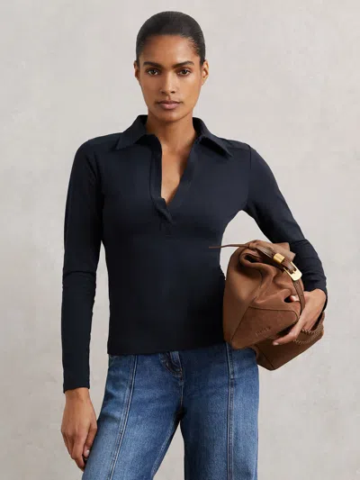 Reiss Navy Stretch-cotton Open-collar Shirt In Blue