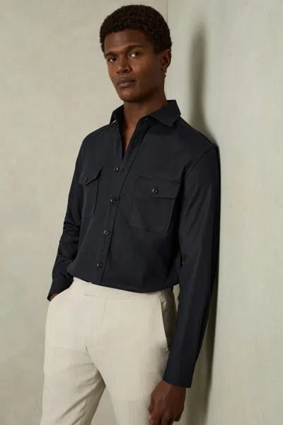 Reiss Navy Stretch-cotton Twill Twin-pocket Overshirt