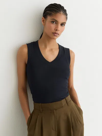 Reiss Navy Stretch-cotton Rib Ruched V-neck Vest In Blue