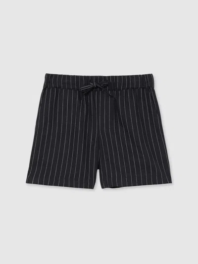 Reiss Navy Stripe Linen Blend Drawstring Shorts In Black