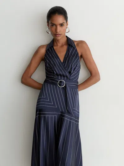 Reiss Navy Striped Sleeveless Collared Midi Dress In Blue