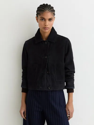 Reiss Navy Suede Cropped Trucker Jacket In Blue
