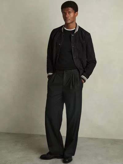 Reiss Navy Suede Stripe-trim Bomber Jacket In Blue