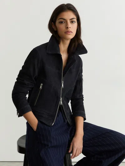 Reiss Navy Suede Zip-through Jacket In Blue