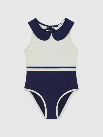 Reiss Kids' Navy 3-9 Yrs Peter Pan-collar Colour-block Swimsuit In Blue