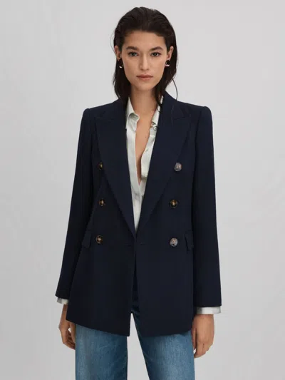 Reiss Navy Tailored Textured Wool Blend Double Breasted Blazer In Blue