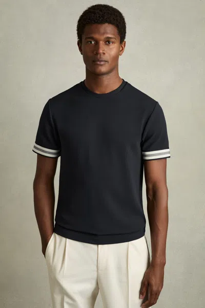REISS NAVY TAPE-CUFF TEXTURED T-SHIRT
