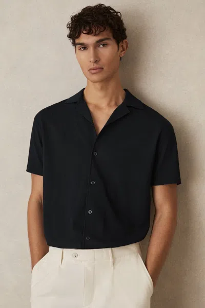 Reiss Navy Textured Cuban Collar Shirt