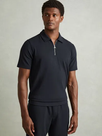 REISS NAVY TEXTURED ZIP-NECK POLO SHIRT