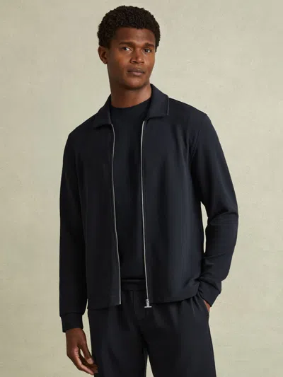 REISS NAVY TEXTURED ZIP-THROUGH OVERSHIRT