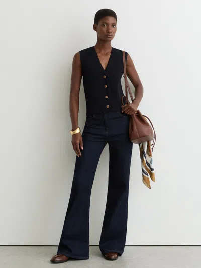 Reiss Navy Textured-knit Button-through Waistcoat In Black