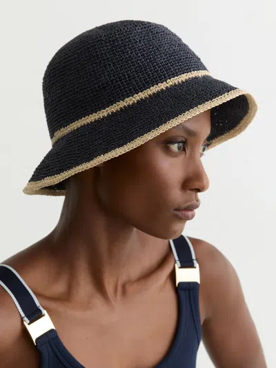 Reiss Navy Tipped Straw Effect Hat In Black