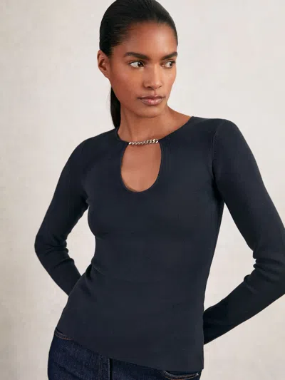 Reiss Womens Navy Tilly Chain-embellished Long-sleeve Stretch-knit Top In Blue