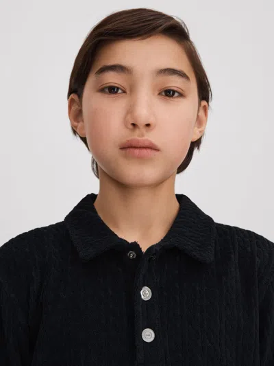 Reiss Kids' Navy Towelling Polo Shirt In Black