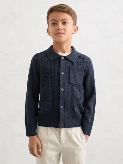 Reiss Kids'  Navy Tumnus 3-9 Yrs Stitch-detail Polo-collar Cardigan Cotton-blend In Blue