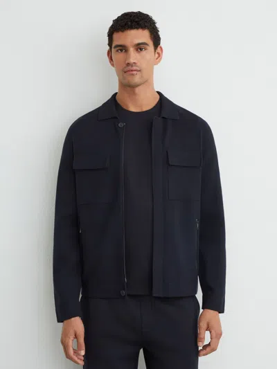 Reiss Navy Twin-pocket Concealed-placket Knitted Jacket In Black