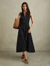 Reiss Navy Viscose-linen Belted Midi Dress In Blue