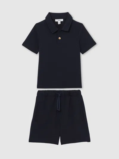 Reiss Kids' Navy Vola Set Waffle Polo And Shorts Set In Blue