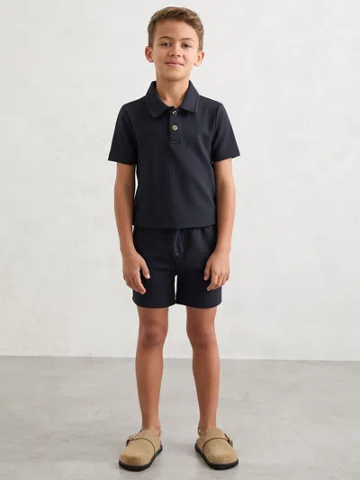 Reiss Kids' Navy Vola Set Waffle Polo And Shorts Set In Blue