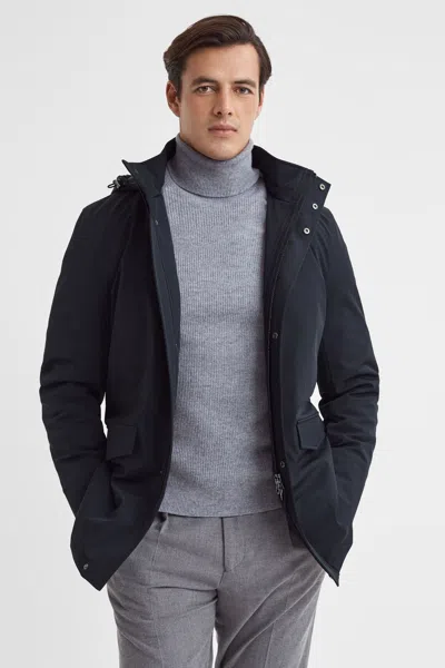Reiss Navy Water Repellent Removable Hooded Coat