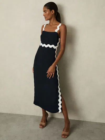 Reiss Navy Wave-trim Crepe Midi Dress In Blue